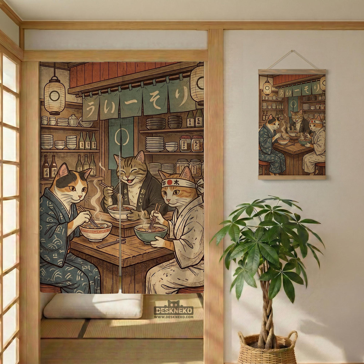 A split-panel Japanese noren curtain showing a ramen shop scene with three cats, warm lantern light, and vintage-style artwork in beige, muted teal, and brown tones.