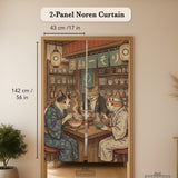 A split-panel Japanese noren curtain showing a ramen shop scene with three cats, warm lantern light, and vintage-style artwork in beige, muted teal, and brown tones.