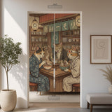 A split-panel Japanese noren curtain showing a ramen shop scene with three cats, warm lantern light, and vintage-style artwork in beige, muted teal, and brown tones.