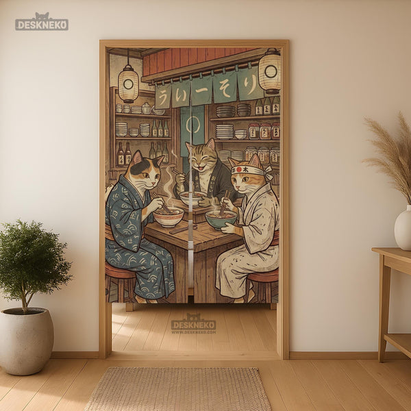 A split-panel Japanese noren curtain showing a ramen shop scene with three cats, warm lantern light, and vintage-style artwork in beige, muted teal, and brown tones.