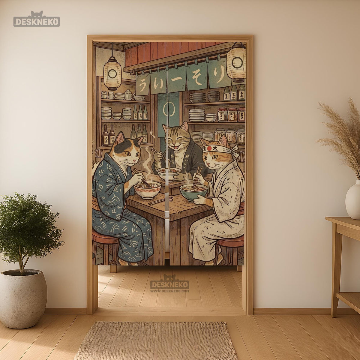 A split-panel Japanese noren curtain showing a ramen shop scene with three cats, warm lantern light, and vintage-style artwork in beige, muted teal, and brown tones.
