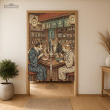 A split-panel Japanese noren curtain showing a ramen shop scene with three cats, warm lantern light, and vintage-style artwork in beige, muted teal, and brown tones.