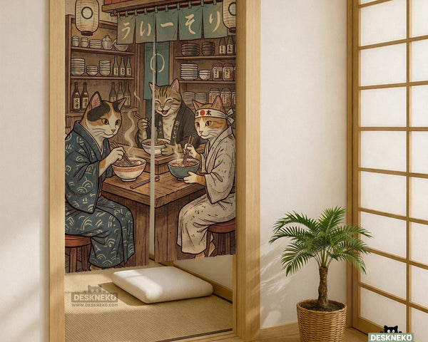 A split-panel Japanese noren curtain showing a ramen shop scene with three cats, warm lantern light, and vintage-style artwork in beige, muted teal, and brown tones.
