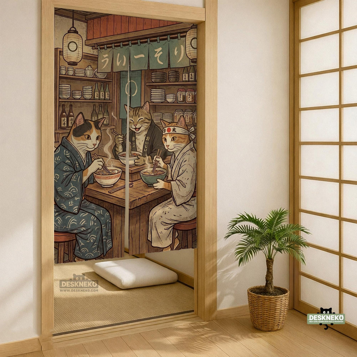 A split-panel Japanese noren curtain showing a ramen shop scene with three cats, warm lantern light, and vintage-style artwork in beige, muted teal, and brown tones.