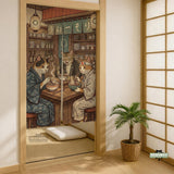 A split-panel Japanese noren curtain showing a ramen shop scene with three cats, warm lantern light, and vintage-style artwork in beige, muted teal, and brown tones.