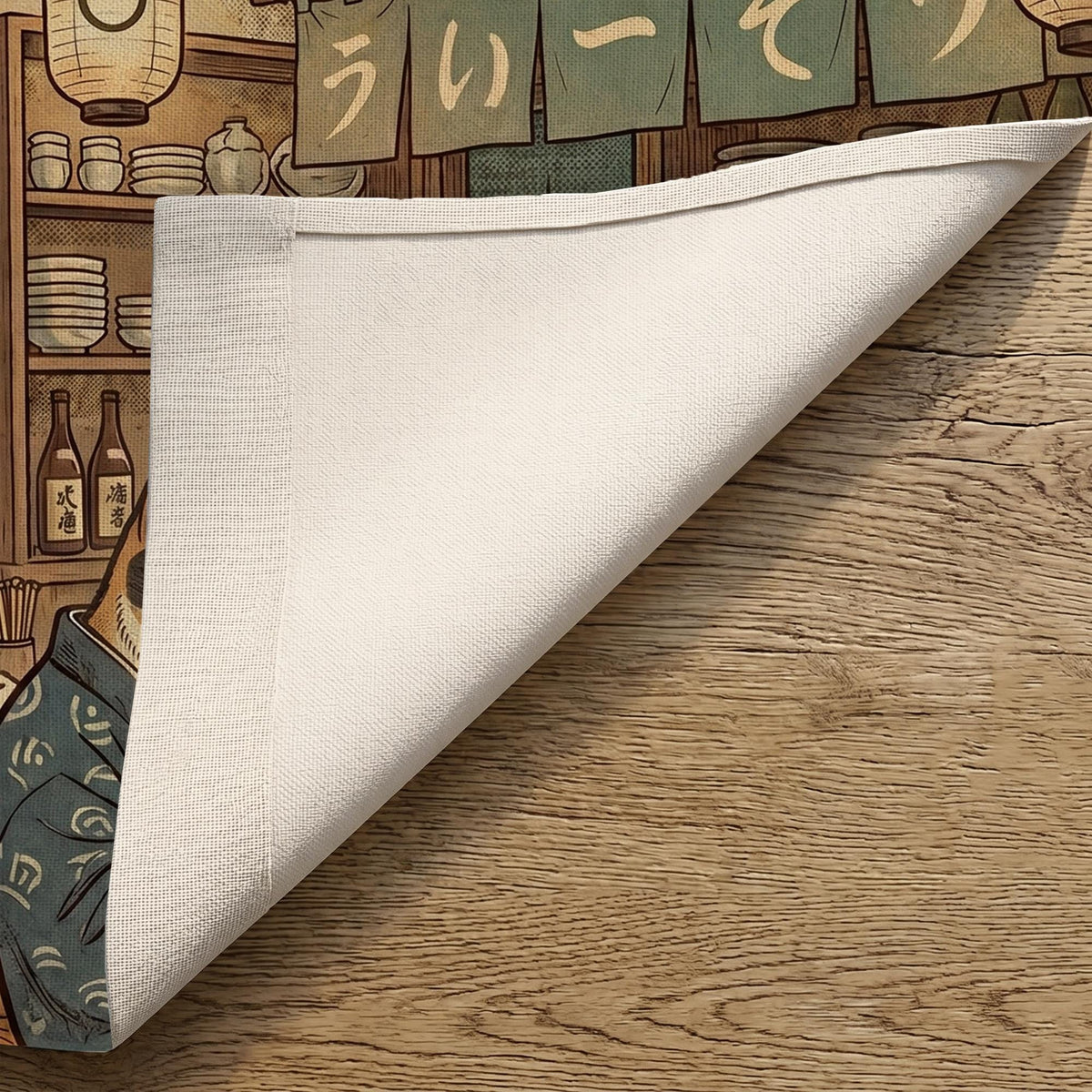A split-panel Japanese noren curtain showing a ramen shop scene with three cats, warm lantern light, and vintage-style artwork in beige, muted teal, and brown tones.