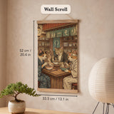 A split-panel Japanese noren curtain showing a ramen shop scene with three cats, warm lantern light, and vintage-style artwork in beige, muted teal, and brown tones.