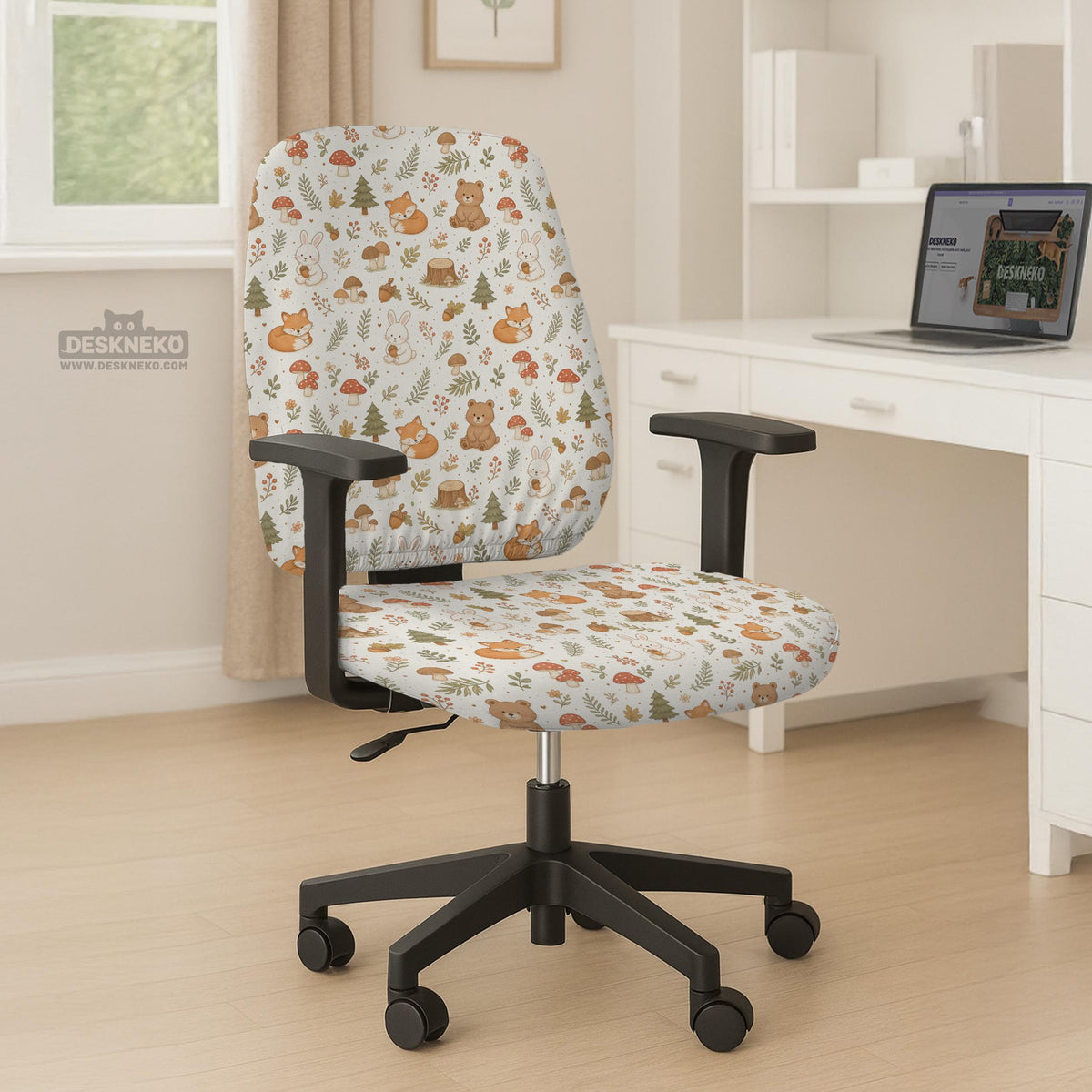 A gaming chair cover with a woodland animal print featuring foxes, rabbits, bears, mushrooms, and leaves in green, brown, and beige tones.