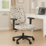 A gaming chair cover with a woodland animal print featuring foxes, rabbits, bears, mushrooms, and leaves in green, brown, and beige tones.