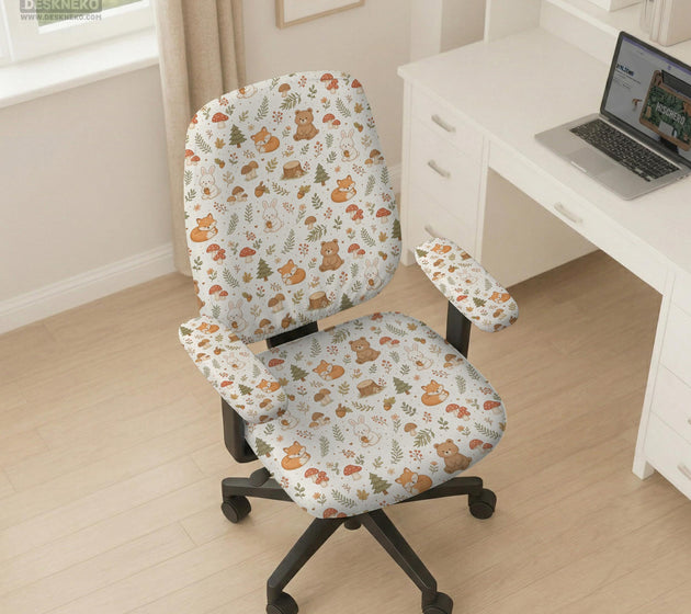 A gaming chair cover with a woodland animal print featuring foxes, rabbits, bears, mushrooms, and leaves in green, brown, and beige tones.