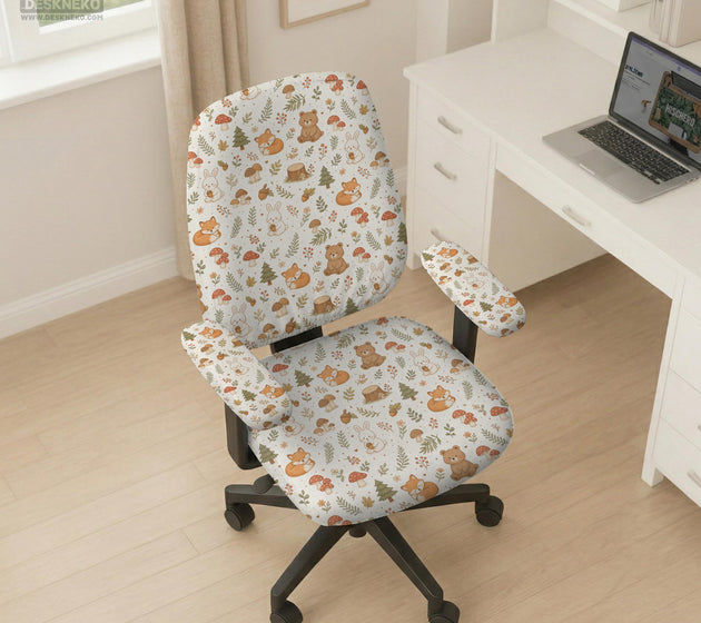 Desk chair cover options with a cute forest print featuring foxes, bunnies, mushrooms, leaves, acorns, and soft neutral colors.