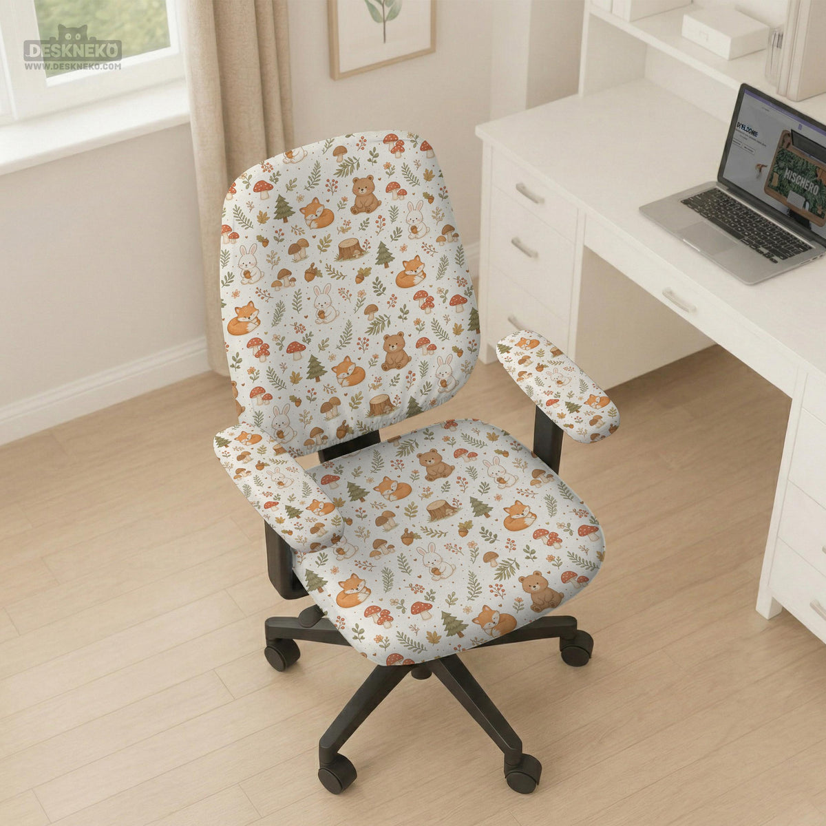 Desk chair cover options with a cute forest print featuring foxes, bunnies, mushrooms, leaves, acorns, and soft neutral colors.