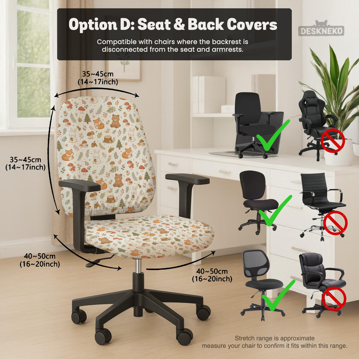A gaming chair cover with a woodland animal print featuring foxes, rabbits, bears, mushrooms, and leaves in green, brown, and beige tones.