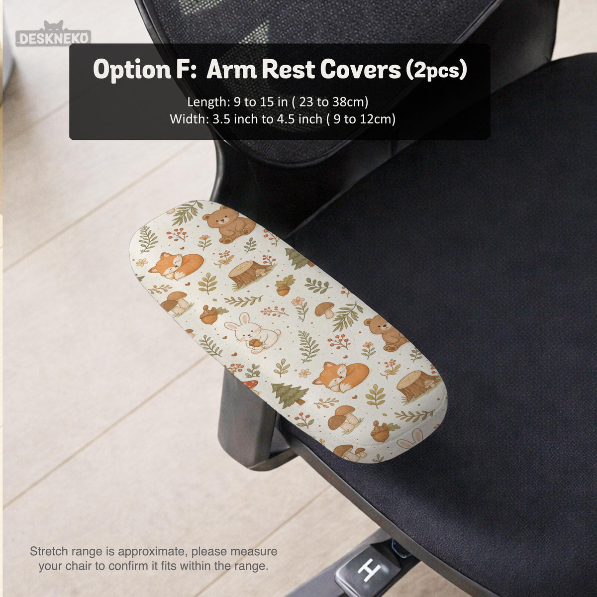 A gaming chair cover with a woodland animal print featuring foxes, rabbits, bears, mushrooms, and leaves in green, brown, and beige tones.