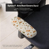 A gaming chair cover with a woodland animal print featuring foxes, rabbits, bears, mushrooms, and leaves in green, brown, and beige tones.
