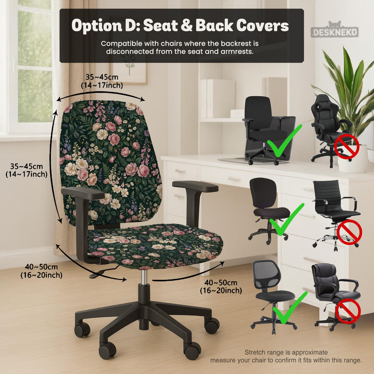 Green chair cover with a dark floral pattern, pink roses, cream flowers, and leafy botanical details on an office chair.