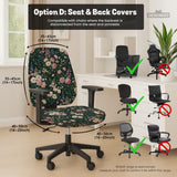 Green chair cover with a dark floral pattern, pink roses, cream flowers, and leafy botanical details on an office chair.