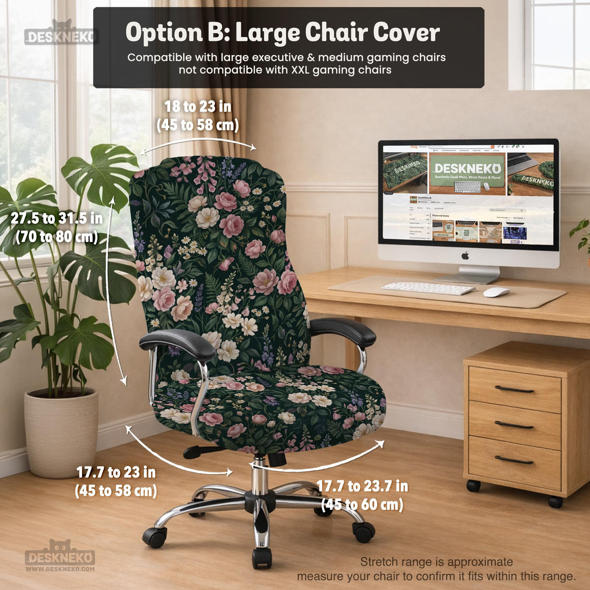 Green chair cover with a dark floral pattern, pink roses, cream flowers, and leafy botanical details on an office chair.