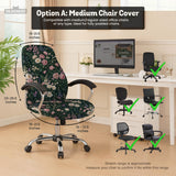 Green chair cover with a dark floral pattern, pink roses, cream flowers, and leafy botanical details on an office chair.