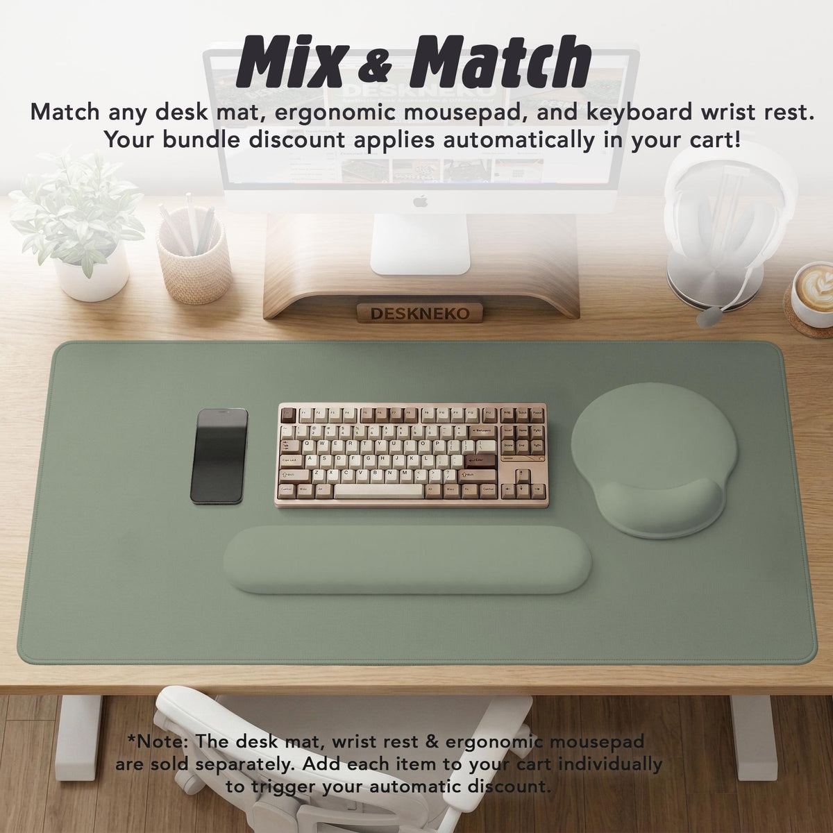 Green abstract botanical mouse pad with a rounded organic pattern and matching keyboard wrist rest option.