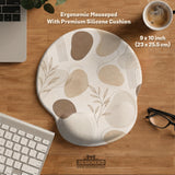 Beige desk mat with fine botanical line drawings and soft abstract shapes on a light neutral background.