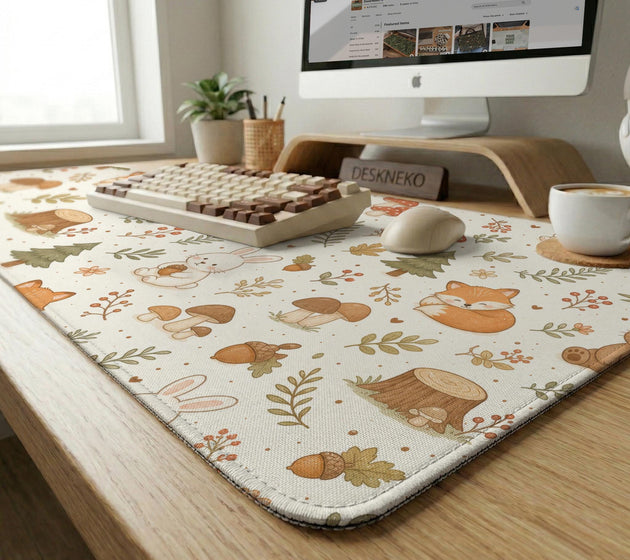 Cream desk mat with a woodland animal pattern featuring foxes, bunnies, mushrooms, berries, acorns, and sage leaves in soft green tones.