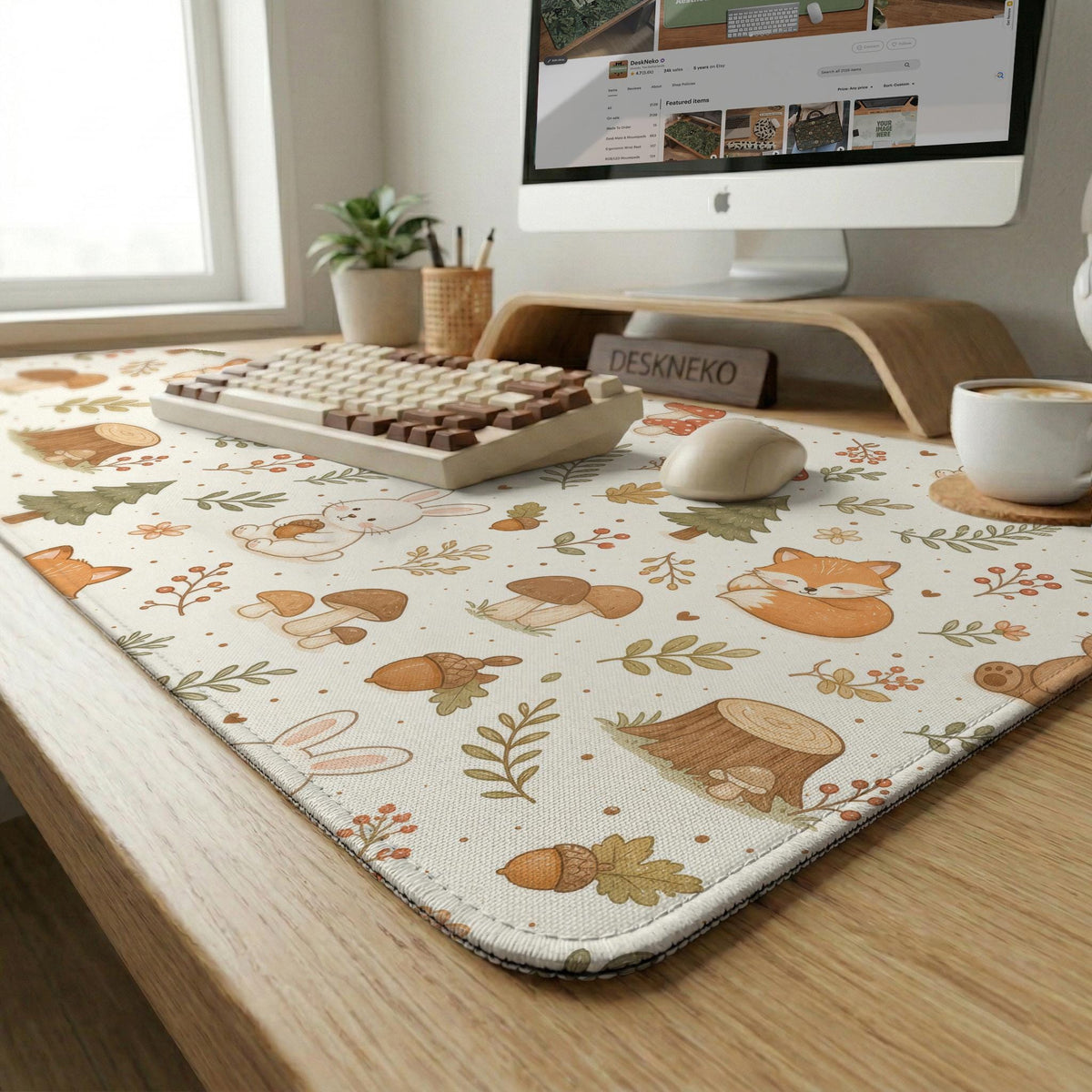 Cream desk mat with a woodland animal pattern featuring foxes, bunnies, mushrooms, berries, acorns, and sage leaves in soft green tones.