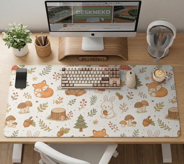 Cream desk mat with a woodland animal pattern featuring foxes, bunnies, mushrooms, berries, acorns, and sage leaves in soft green tones.