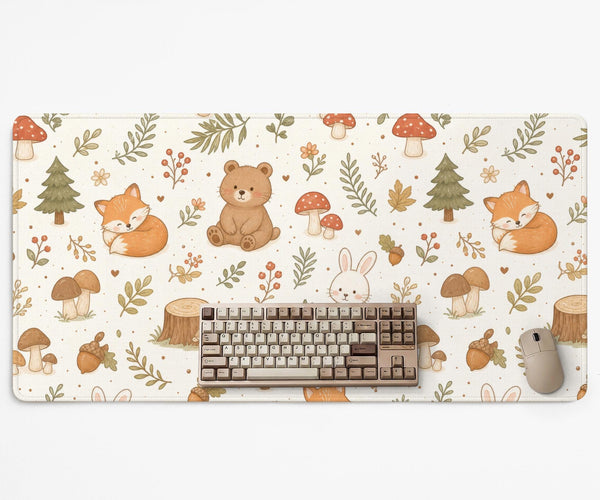 Cream desk mat with a woodland animal pattern featuring foxes, bunnies, mushrooms, berries, acorns, and sage leaves in soft green tones.