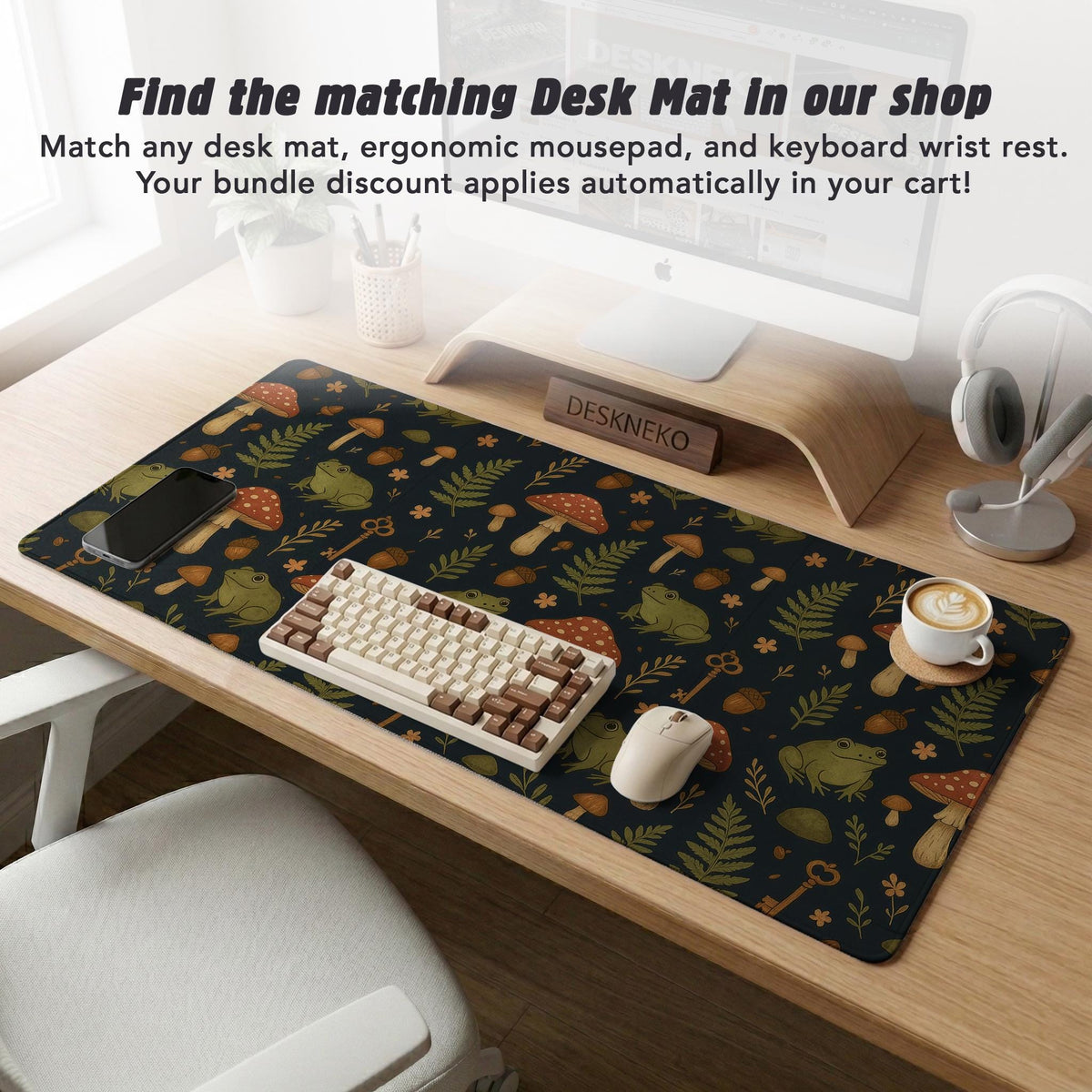 Dark botanical desk mat options with frogs, mushrooms, ferns, and acorns in brown and green tones, plus a matching keyboard wrist rest.