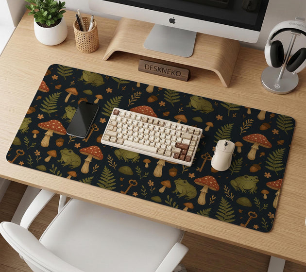 Dark forest-themed desk mat with an all-over pattern of frogs, mushrooms, fern leaves, acorns, tiny flowers, and antique keys.