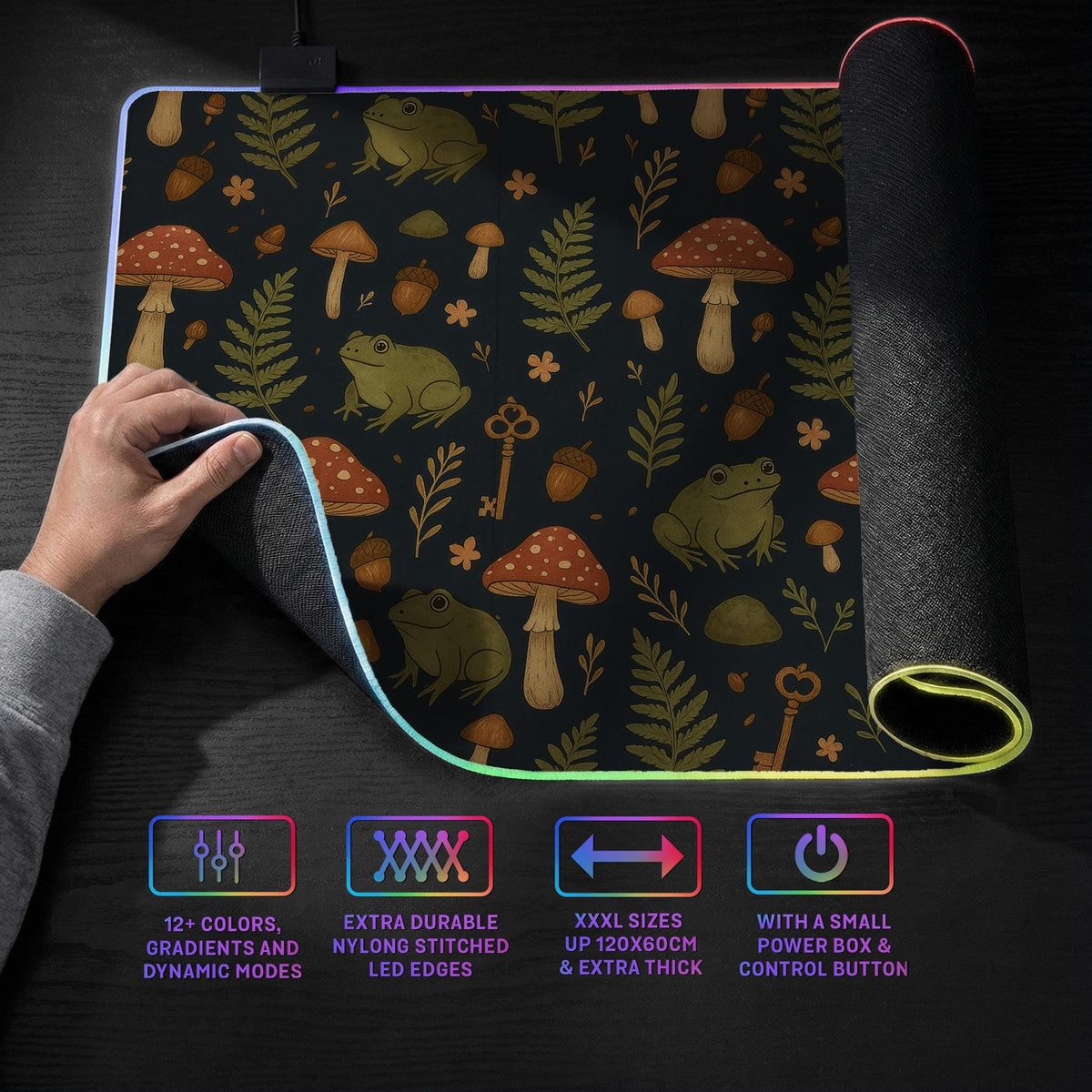 Dark forest-themed desk mat with an all-over pattern of frogs, mushrooms, fern leaves, acorns, tiny flowers, and antique keys.