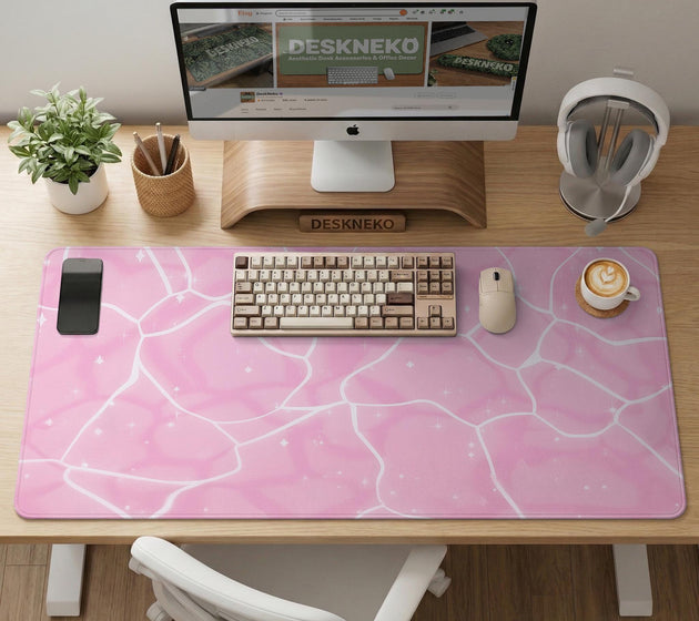 Soft pink desk mat with a kawaii cloud-marble pattern, white crackle lines, and small star accents.