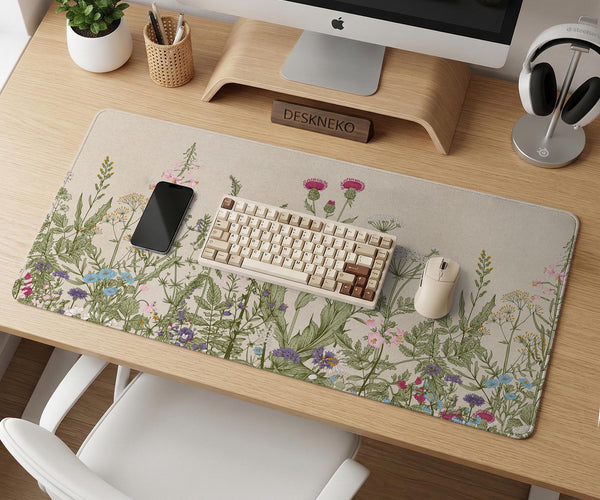 A desk mat with a botanical meadow design featuring wildflowers, leafy stems, and soft neutral colors.