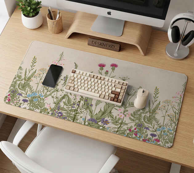 A desk mat with a botanical meadow design featuring wildflowers, leafy stems, and soft neutral colors.