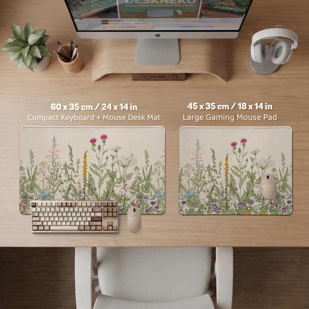 A desk mat with a botanical meadow design featuring wildflowers, leafy stems, and soft neutral colors.