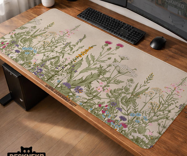 A desk mat with a botanical meadow design featuring wildflowers, leafy stems, and soft neutral colors.