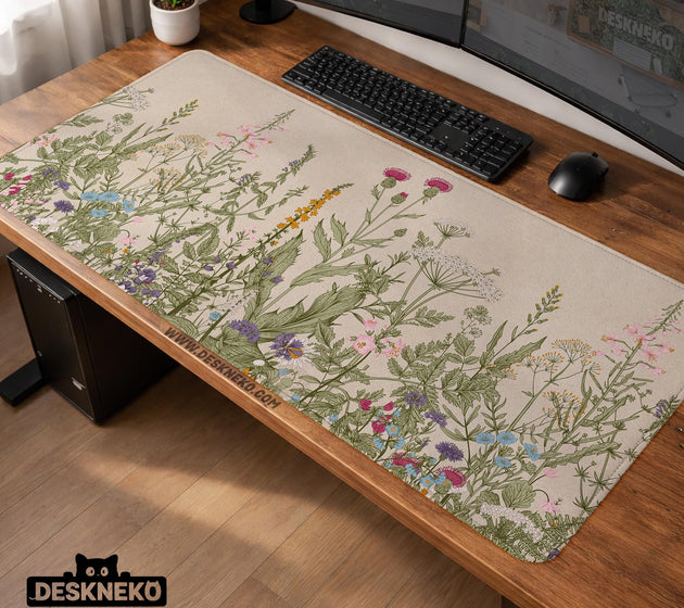 A desk mat with a botanical meadow design featuring wildflowers, leafy stems, and soft neutral colors.