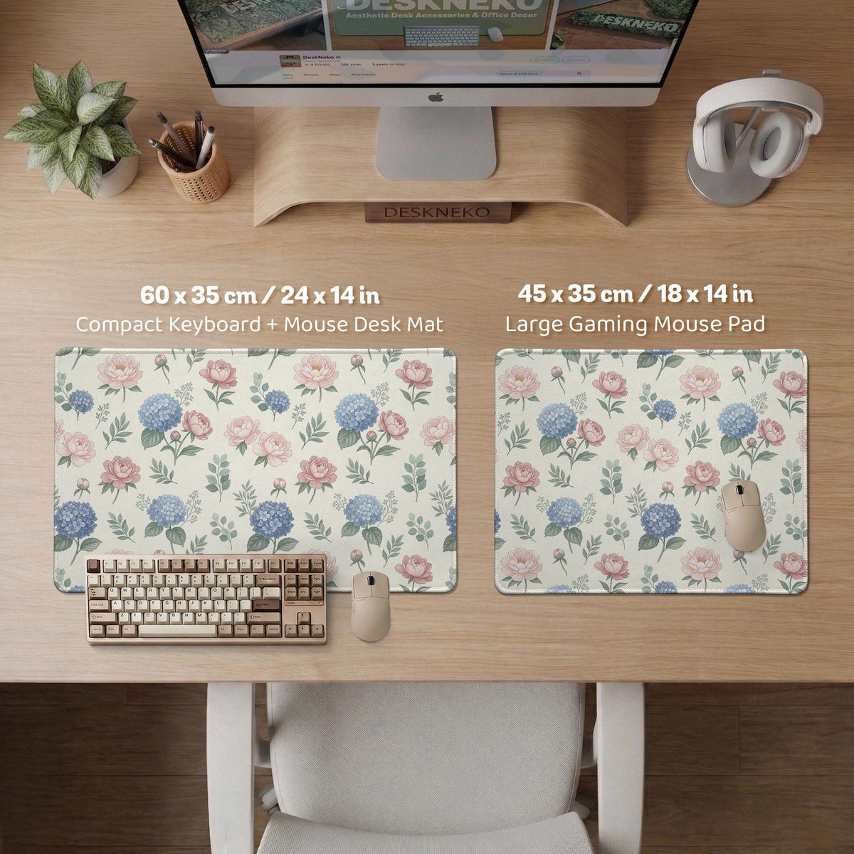 Floral desk mat with sage greenery, pink peonies, blue flowers, and a warm cream background.