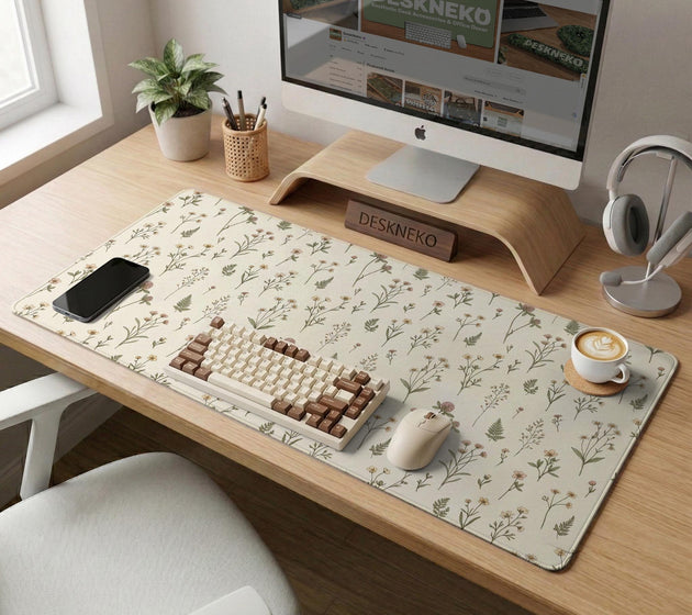 Desk mat with a sage green background, tiny wildflowers, and a vintage botanical floral pattern.