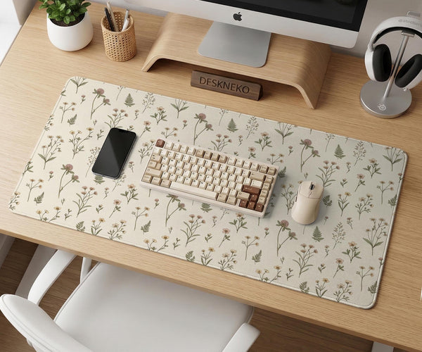 Desk mat with a sage green background, tiny wildflowers, and a vintage botanical floral pattern.