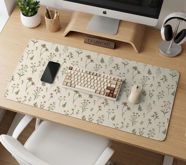 Desk mat with a sage green background, tiny wildflowers, and a vintage botanical floral pattern.