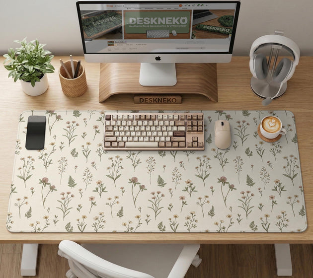 Desk mat with a sage green background, tiny wildflowers, and a vintage botanical floral pattern.