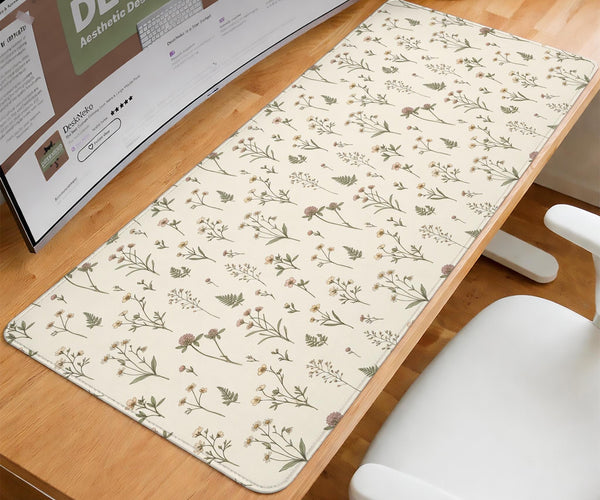 Desk mat with a sage green background, tiny wildflowers, and a vintage botanical floral pattern.