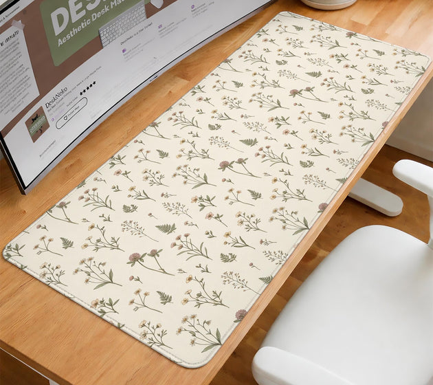 Desk mat with a sage green background, tiny wildflowers, and a vintage botanical floral pattern.