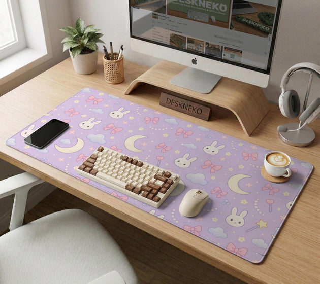 Lavender desk mat with an all-over pattern of bunny faces, clouds, moons, bows, and flowers in pastel colors.