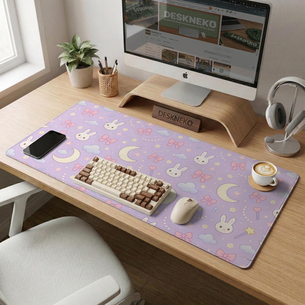 Pastel lavender desk mat with an all-over pattern of bunnies, crescent moons, clouds, bows, stars, and small flowers.
