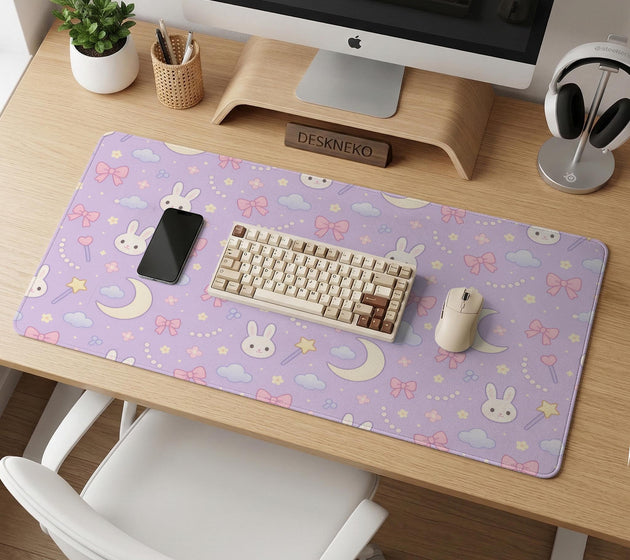 Pastel lavender desk mat with an all-over pattern of bunnies, crescent moons, clouds, bows, stars, and small flowers.