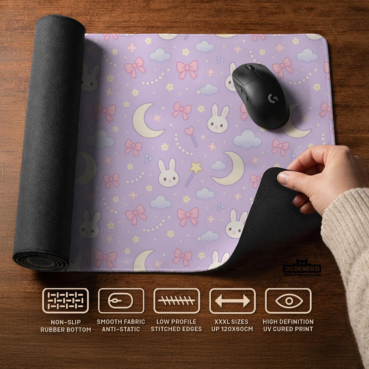 Pastel lavender desk mat with an all-over pattern of bunnies, crescent moons, clouds, bows, stars, and small flowers.