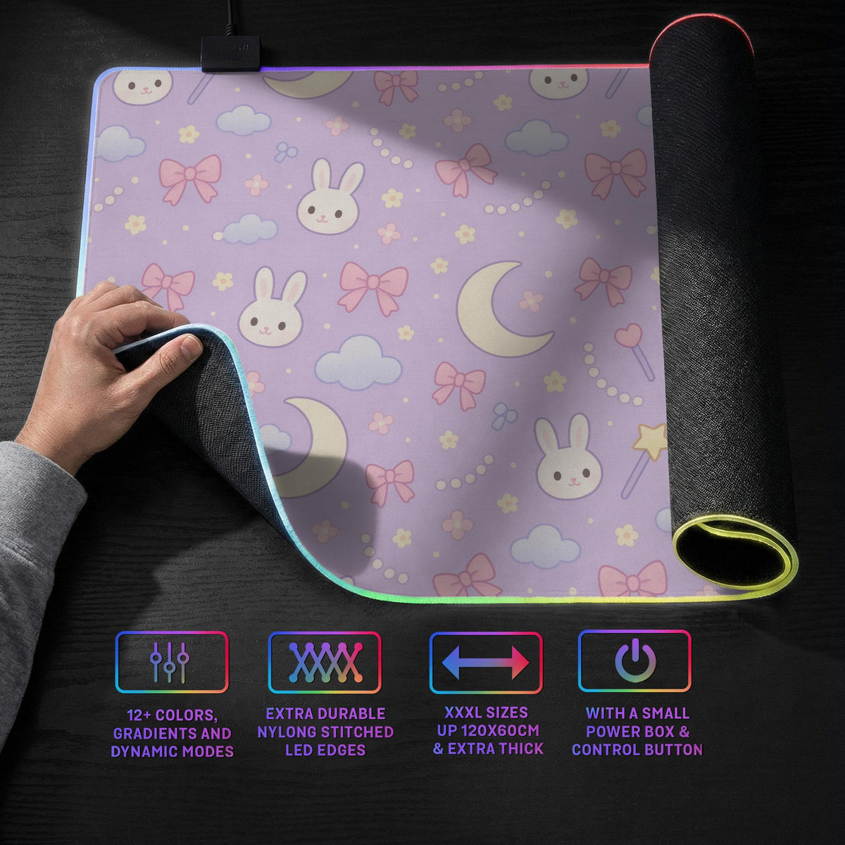 Lavender desk mat with an all-over pattern of bunny faces, clouds, moons, bows, and flowers in pastel colors.